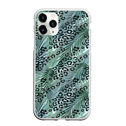 Чехол iPhone 11 Pro матовый Листья пальмы на леопардовом серо - зеленом фоне, цвет: 3D-белый