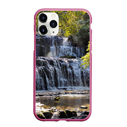 Чехол iPhone 11 Pro матовый Водопад, солнечные лучи и лес