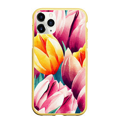 Чехол iPhone 11 Pro матовый Букет акварельных тюльпанов, цвет: 3D-желтый