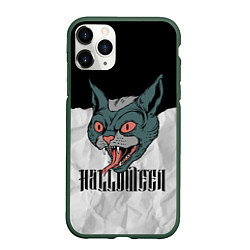 Чехол iPhone 11 Pro матовый Happy Halloween - wild cat, цвет: 3D-темно-зеленый