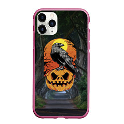 Чехол iPhone 11 Pro матовый Ворон, сидящий на тыкве - Halloween, цвет: 3D-малиновый