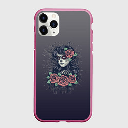 Чехол iPhone 11 Pro матовый Девушка в образе санта муэрте с макияжем сахарный, цвет: 3D-малиновый