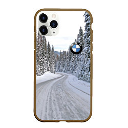 Чехол iPhone 11 Pro матовый BMW - зимняя дорога через лес, цвет: 3D-коричневый