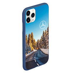 Чехол iPhone 11 Pro матовый Мерседес - зимняя дорога через лес, цвет: 3D-тёмно-синий — фото 2