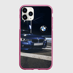 Чехол iPhone 11 Pro матовый BMW на ночной трассе, цвет: 3D-малиновый