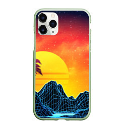 Чехол iPhone 11 Pro матовый Тропический остров на закате ретро иллюстрация, цвет: 3D-салатовый