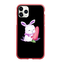 Чехол iPhone 11 Pro матовый Крольчонок с большой морковкой на чёрном фоне, цвет: 3D-красный