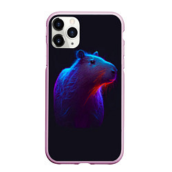 Чехол iPhone 11 Pro матовый Неоновая капибара на чёрном фоне, цвет: 3D-розовый