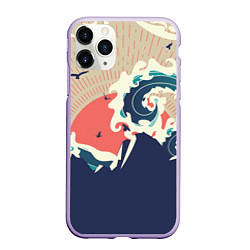 Чехол iPhone 11 Pro матовый Большая океанская волна и силуэт пустынного остров, цвет: 3D-светло-сиреневый
