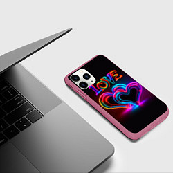 Чехол iPhone 11 Pro матовый Love - неоновые сердца, цвет: 3D-малиновый — фото 2