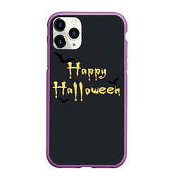 Чехол iPhone 11 Pro матовый Happy Halloween надпись с летучими мышами