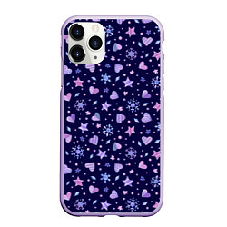 Чехол iPhone 11 Pro матовый Новогодние сердечки, цвет: 3D-светло-сиреневый