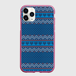 Чехол iPhone 11 Pro матовый Вязанный стиль - сердечки, цвет: 3D-малиновый