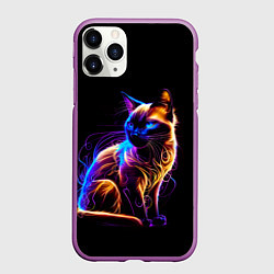 Чехол iPhone 11 Pro матовый Неоновый сиамский котёнок, цвет: 3D-фиолетовый