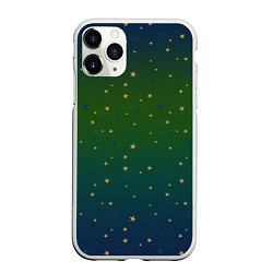 Чехол iPhone 11 Pro матовый Золотые, синие звезды на сине-зеленом градиенте, цвет: 3D-белый
