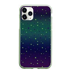 Чехол iPhone 11 Pro матовый Неоновые зеленые и сиреневые звезды на темно зелен