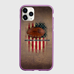 Чехол iPhone 11 Pro матовый Мяч для американского футбола на фоне флага америк, цвет: 3D-фиолетовый