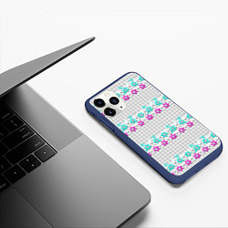 Чехол iPhone 11 Pro матовый Цветочный узор бирюзово-розовый на сером клетчатом, цвет: 3D-тёмно-синий — фото 2