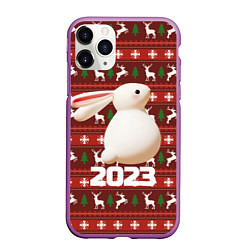 Чехол iPhone 11 Pro матовый Белый большой кролик 2023, цвет: 3D-фиолетовый