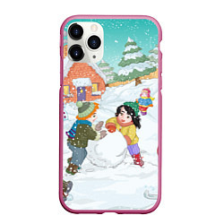 Чехол iPhone 11 Pro матовый Новогодние каникулы - дети лепят снеговика