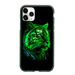 Чехол iPhone 11 Pro матовый Нейросеть: неоновый зелёный тигр