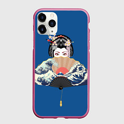 Чехол iPhone 11 Pro матовый Японская гейша с большим веером, цвет: 3D-малиновый