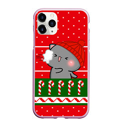 Чехол iPhone 11 Pro матовый Серый котик - игра в снежки, цвет: 3D-розовый