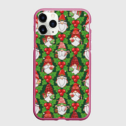 Чехол iPhone 11 Pro матовый Новогодние гномы - паттерн, цвет: 3D-малиновый