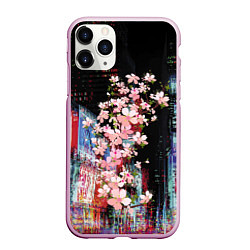 Чехол iPhone 11 Pro матовый Ветка сакуры на фоне ночного Токио - glitch, цвет: 3D-розовый