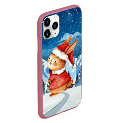 Чехол iPhone 11 Pro матовый Новогодний заяц снежный фон, цвет: 3D-малиновый — фото 2