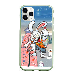 Чехол iPhone 11 Pro матовый Веселый заяц на фоне елки, цвет: 3D-салатовый
