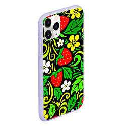 Чехол iPhone 11 Pro матовый Роспись земляника и цветы, цвет: 3D-светло-сиреневый — фото 2