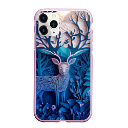 Чехол iPhone 11 Pro матовый Объемная иллюстрация из бумаги лес и олень на сине, цвет: 3D-розовый