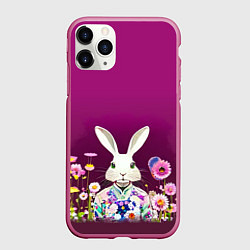 Чехол iPhone 11 Pro матовый Кролик на винном фоне, цвет: 3D-малиновый