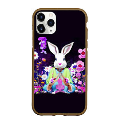 Чехол iPhone 11 Pro матовый Кролик в цветах на черном фоне