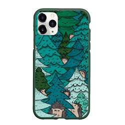 Чехол iPhone 11 Pro матовый Ежи в еловом лесу, цвет: 3D-темно-зеленый