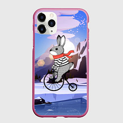 Чехол iPhone 11 Pro матовый Заяц на велосипеде, цвет: 3D-малиновый