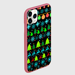 Чехол iPhone 11 Pro матовый Узор с ёлками и оленями, цвет: 3D-малиновый — фото 2