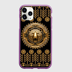 Чехол iPhone 11 Pro матовый Медведь золотой барельеф с этническим орнаментом, цвет: 3D-фиолетовый