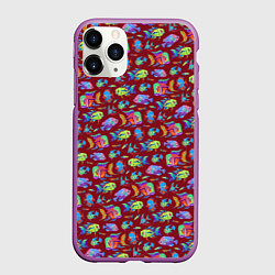 Чехол iPhone 11 Pro матовый Тропические рыбки на бордовом, цвет: 3D-фиолетовый