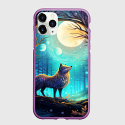Чехол iPhone 11 Pro матовый Волк в ночном лесу в folk art стиле, цвет: 3D-фиолетовый