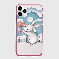 Чехол iPhone 11 Pro матовый Новогодний заяц держит подарок, цвет: 3D-малиновый