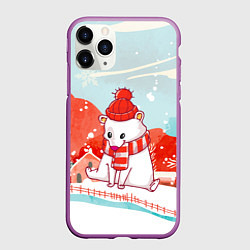 Чехол iPhone 11 Pro матовый Белый мишка новый год, цвет: 3D-фиолетовый