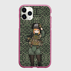 Чехол iPhone 11 Pro матовый Милитари аниме девочка, цвет: 3D-малиновый