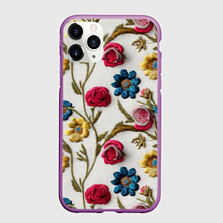 Чехол iPhone 11 Pro матовый Эффект вышивка летний узор, цвет: 3D-фиолетовый