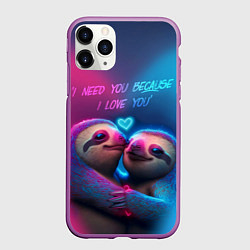 Чехол iPhone 11 Pro матовый Влюбленные ленивцы обнимаются на фоне неонового се, цвет: 3D-фиолетовый