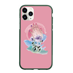 Чехол iPhone 11 Pro матовый Женская рука с абстрактными цветами, цвет: 3D-темно-зеленый