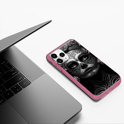 Чехол iPhone 11 Pro матовый Девушка с макияжем для дня мертвых, цвет: 3D-малиновый — фото 2