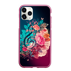 Чехол iPhone 11 Pro матовый Цветы и музыкальная нота, цвет: 3D-малиновый