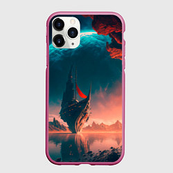 Чехол iPhone 11 Pro матовый Абстрактный летающий корабль и луна, цвет: 3D-малиновый